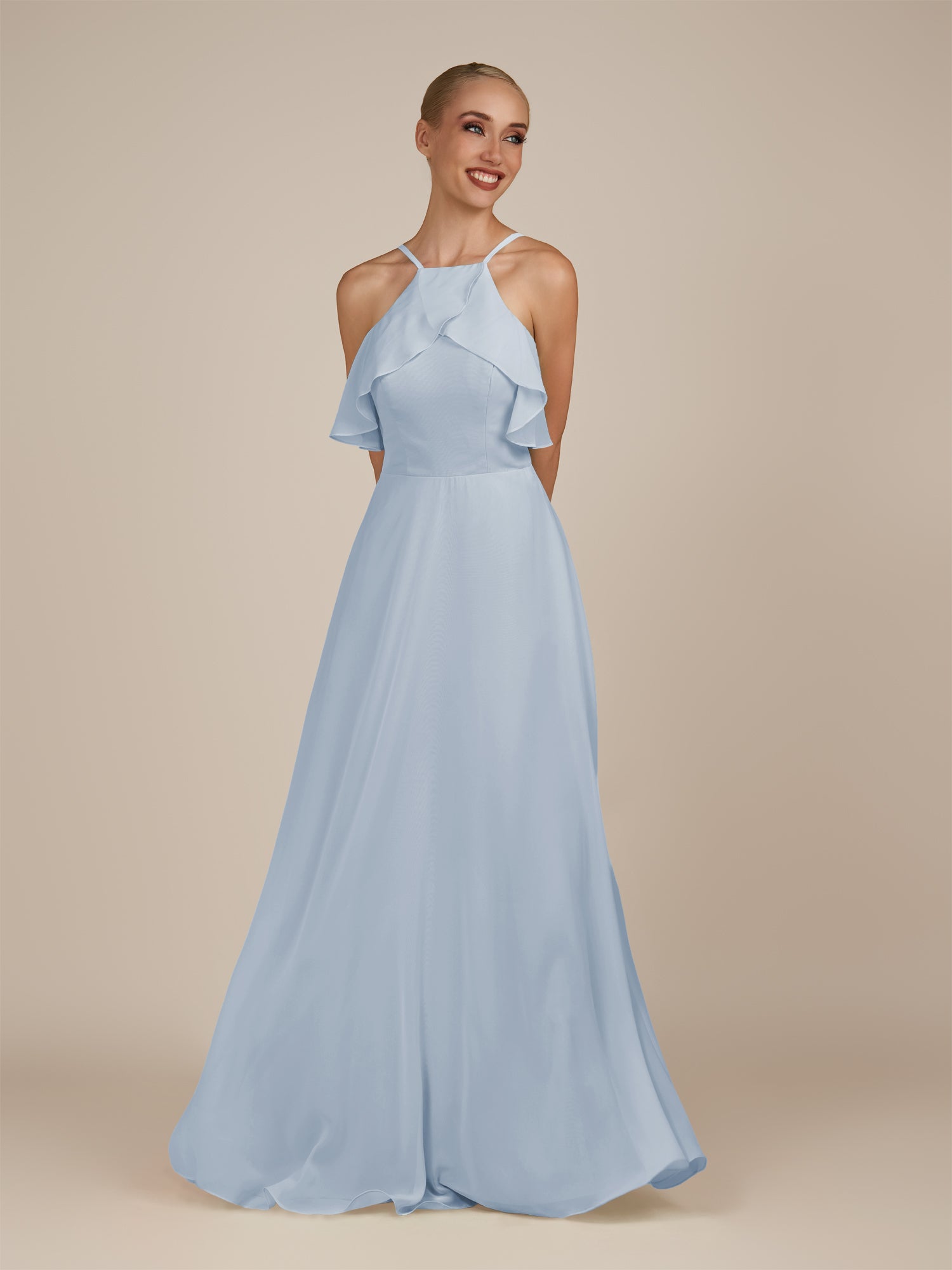 KissDress-Wynne Ice A Line Chiffon Halter Neck Ruffled Overlay Long Bridesmaid Dress