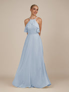 KissDress-Wynne Ice A Line Chiffon Halter Neck Ruffled Overlay Long Bridesmaid Dress