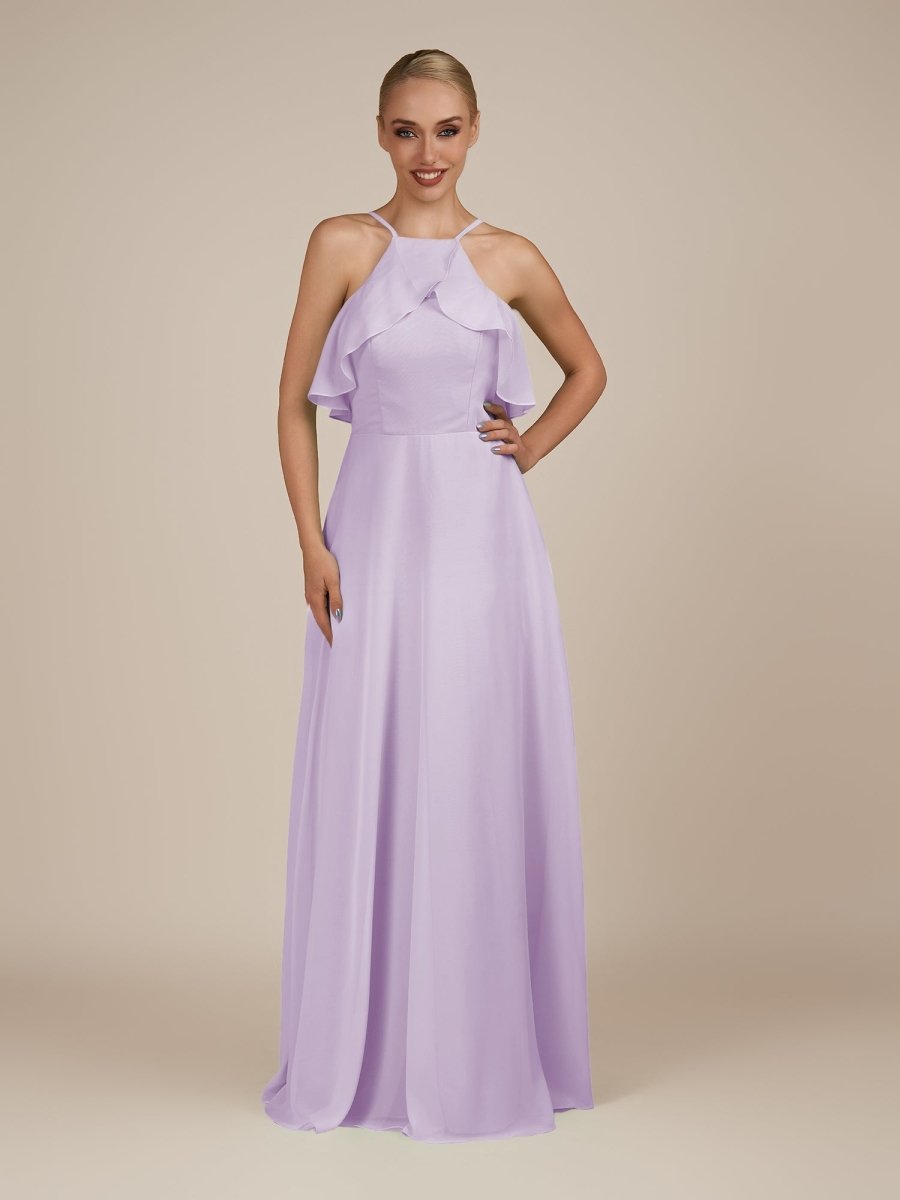 KissDress-Wynne Lavender A Line Chiffon Halter Neck Ruffled Overlay Long Bridesmaid Dress