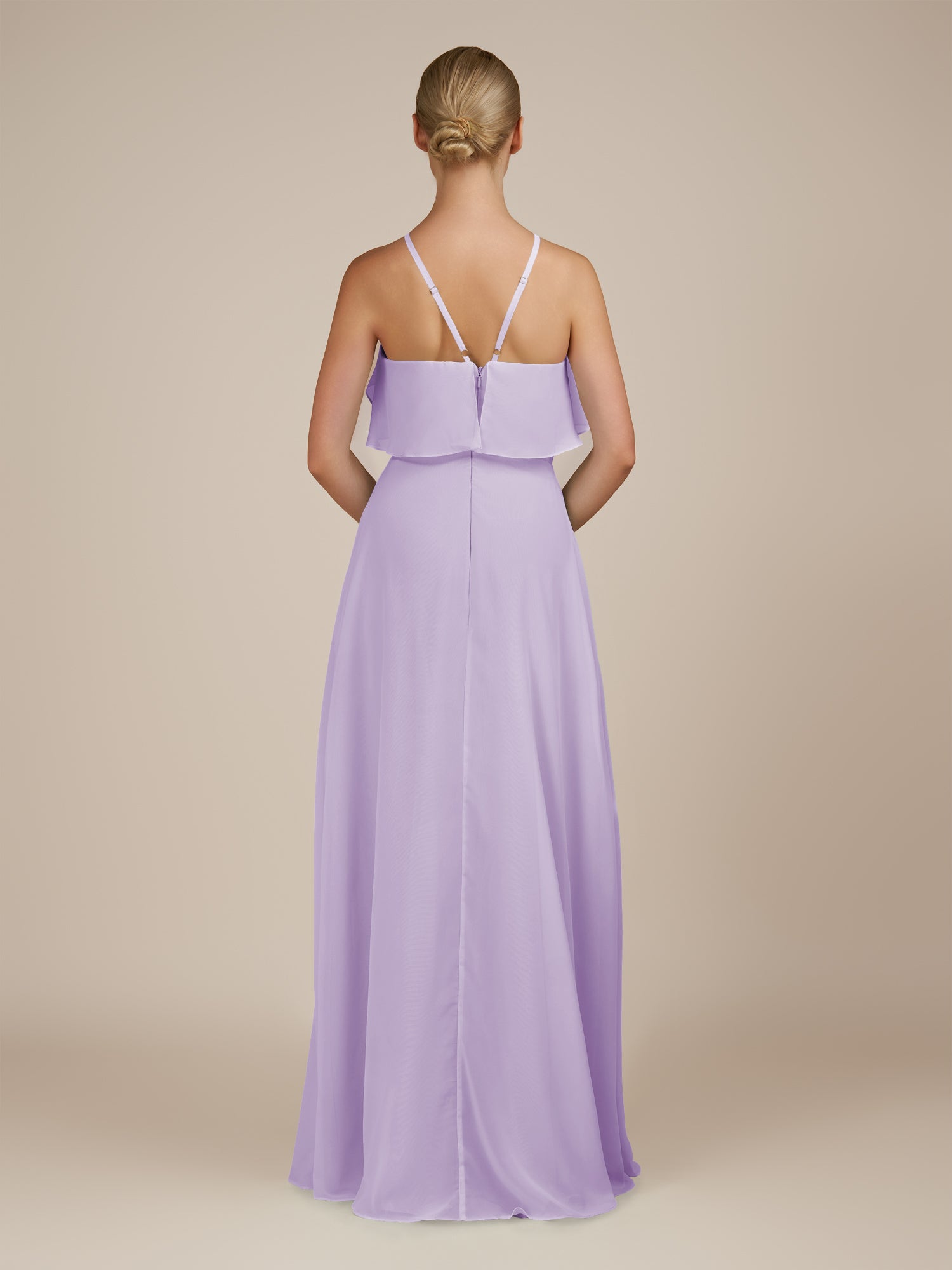 KissDress-Wynne Lavender A Line Chiffon Halter Neck Ruffled Overlay Long Bridesmaid Dress