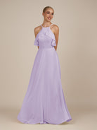 KissDress-Wynne Lavender A Line Chiffon Halter Neck Ruffled Overlay Long Bridesmaid Dress