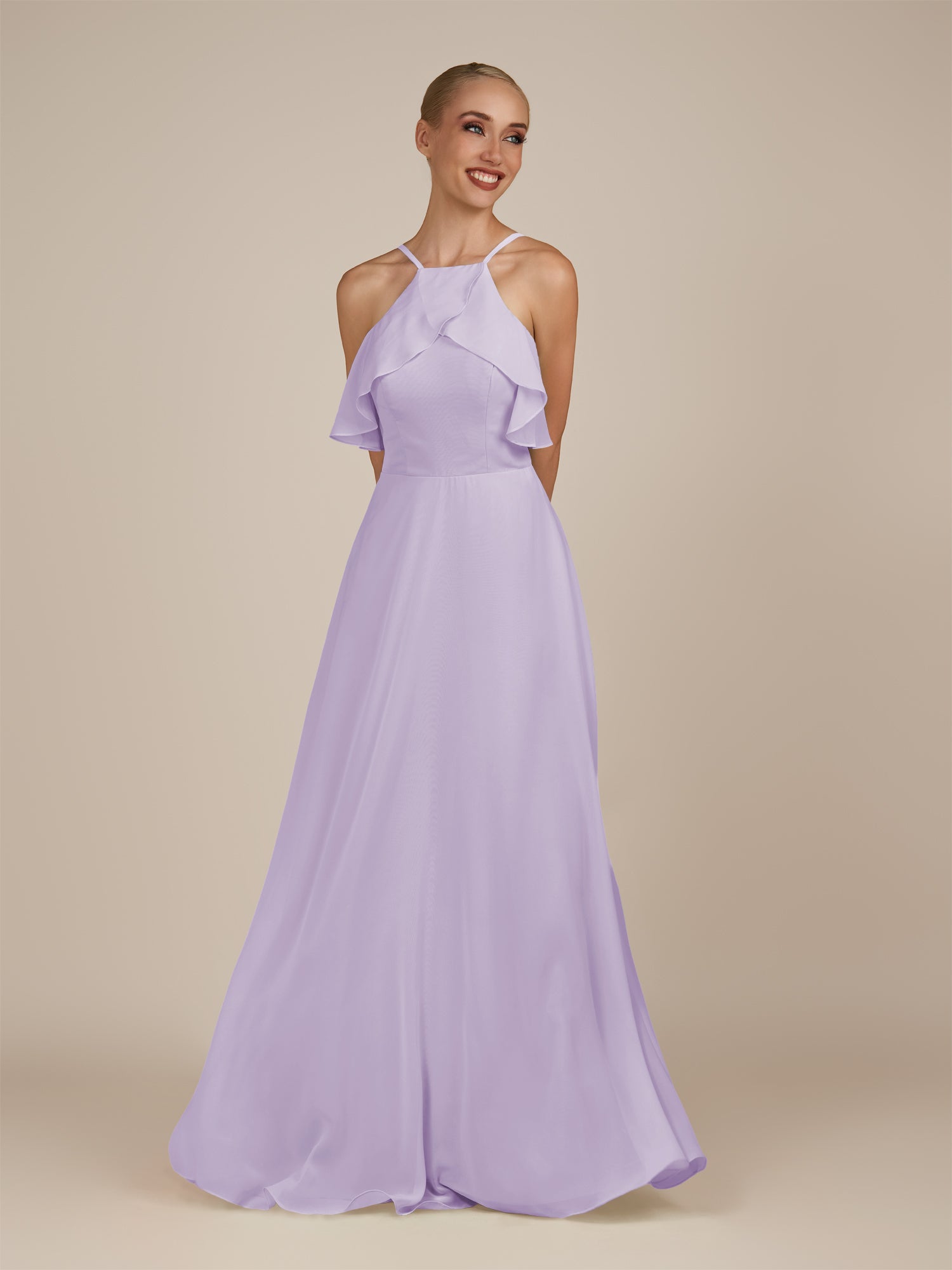 KissDress-Wynne Lavender A Line Chiffon Halter Neck Ruffled Overlay Long Bridesmaid Dress