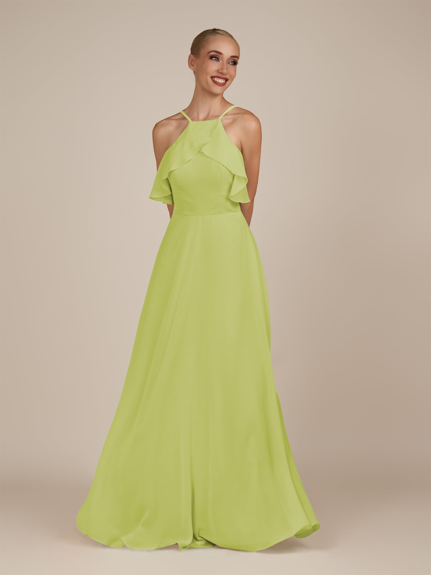 KissDress-Wynne Lemon Sorbet A Line Chiffon Halter Neck Ruffled Overlay Long Bridesmaid Dress