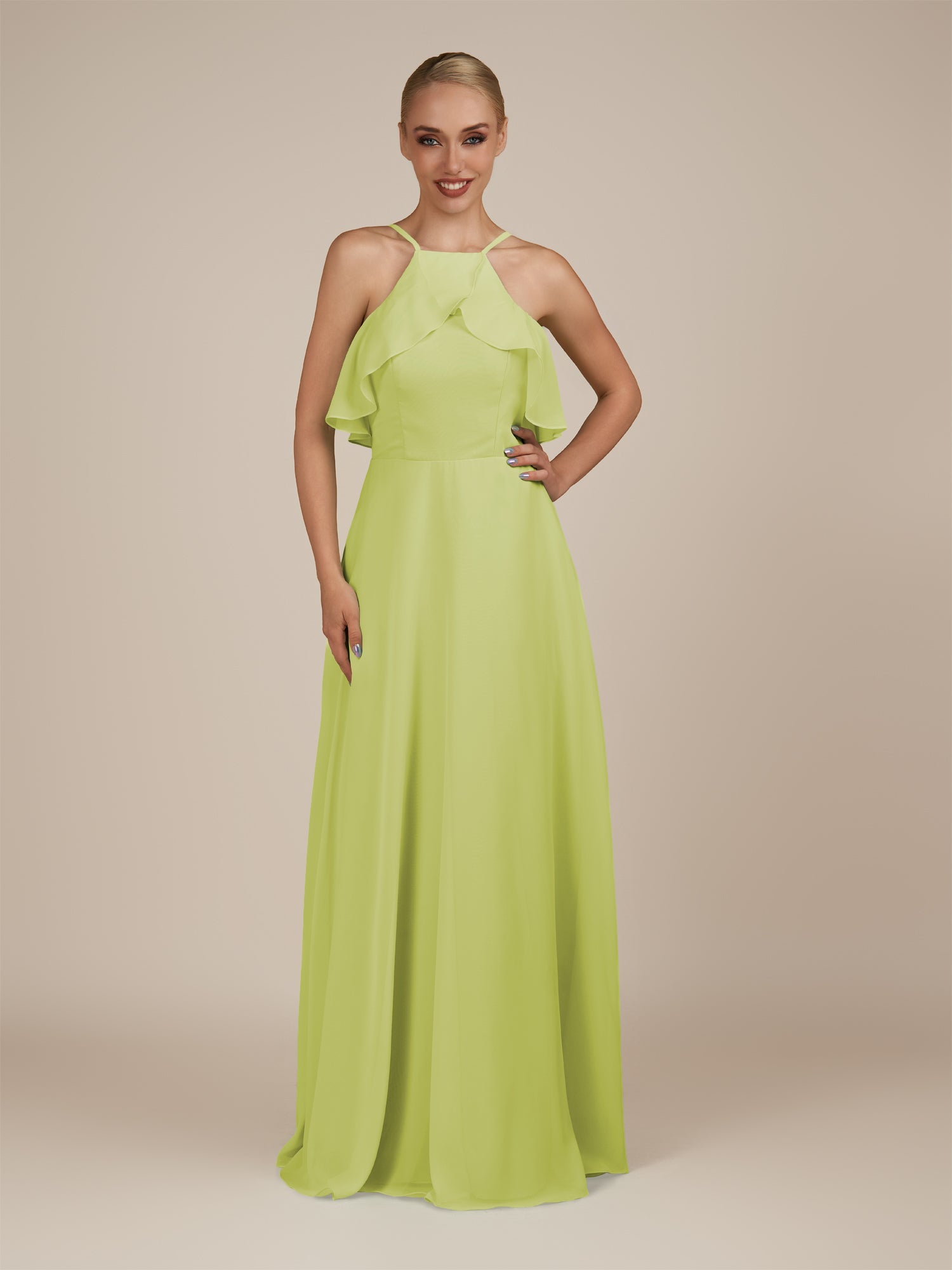 KissDress-Wynne Lemon Sorbet A Line Chiffon Halter Neck Ruffled Overlay Long Bridesmaid Dress