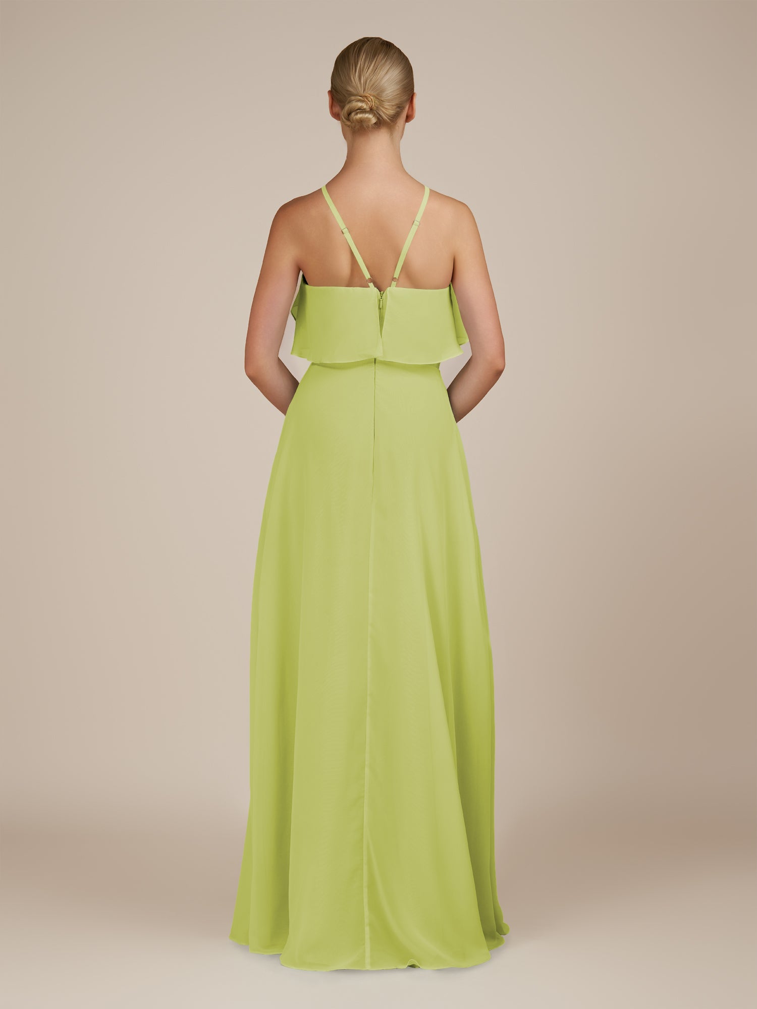 KissDress-Wynne Lemon Sorbet A Line Chiffon Halter Neck Ruffled Overlay Long Bridesmaid Dress