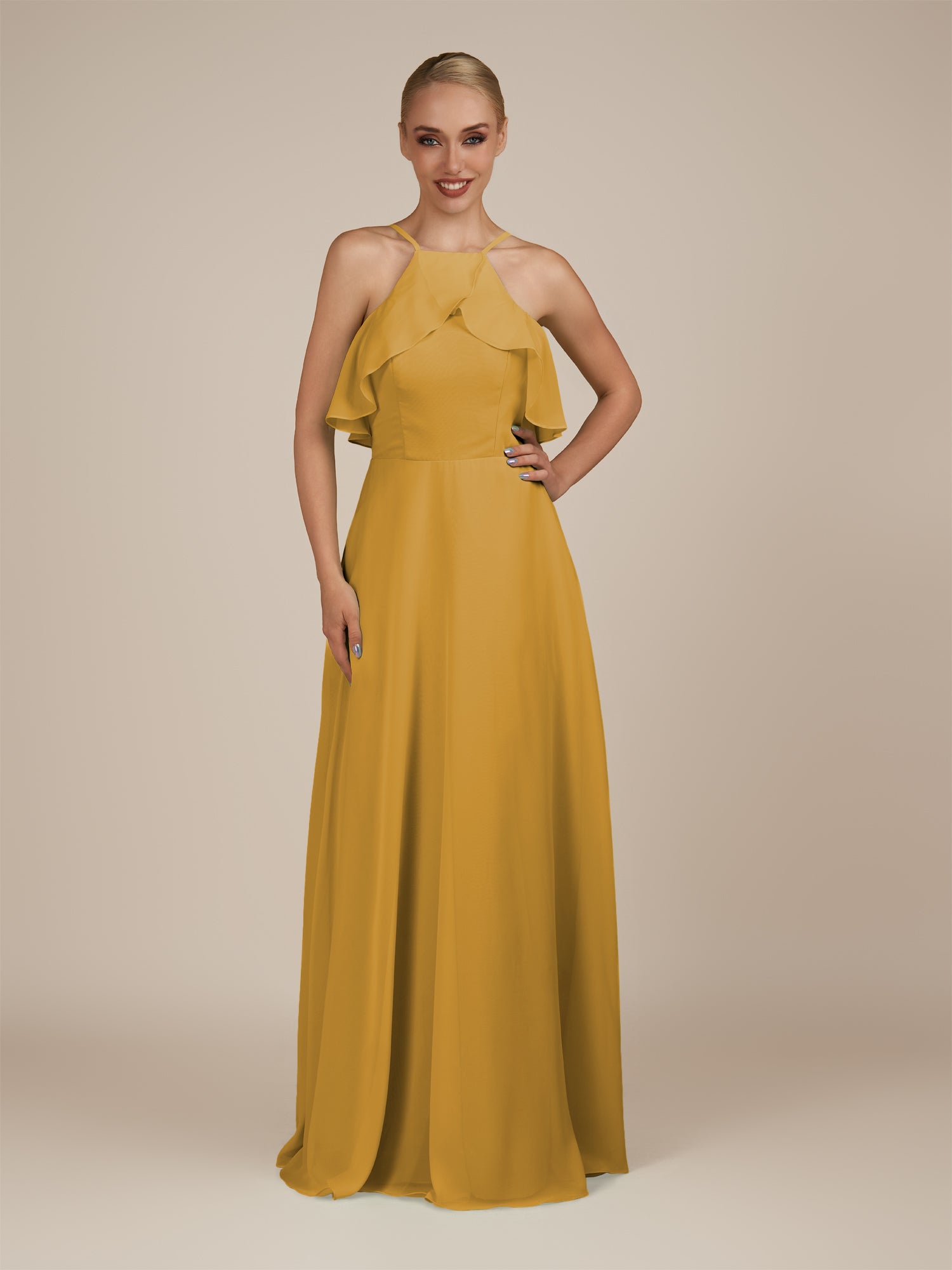KissDress-Wynne Marigold A Line Chiffon Halter Neck Ruffled Overlay Long Bridesmaid Dress