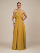 Wynne | Marigold - A Line Chiffon Halter Neck Ruffled Overlay Long Bri KissDress Wynne | Marigold - A Line Chiffon Halter Neck Ruffled Overlay Long Bri KissDress