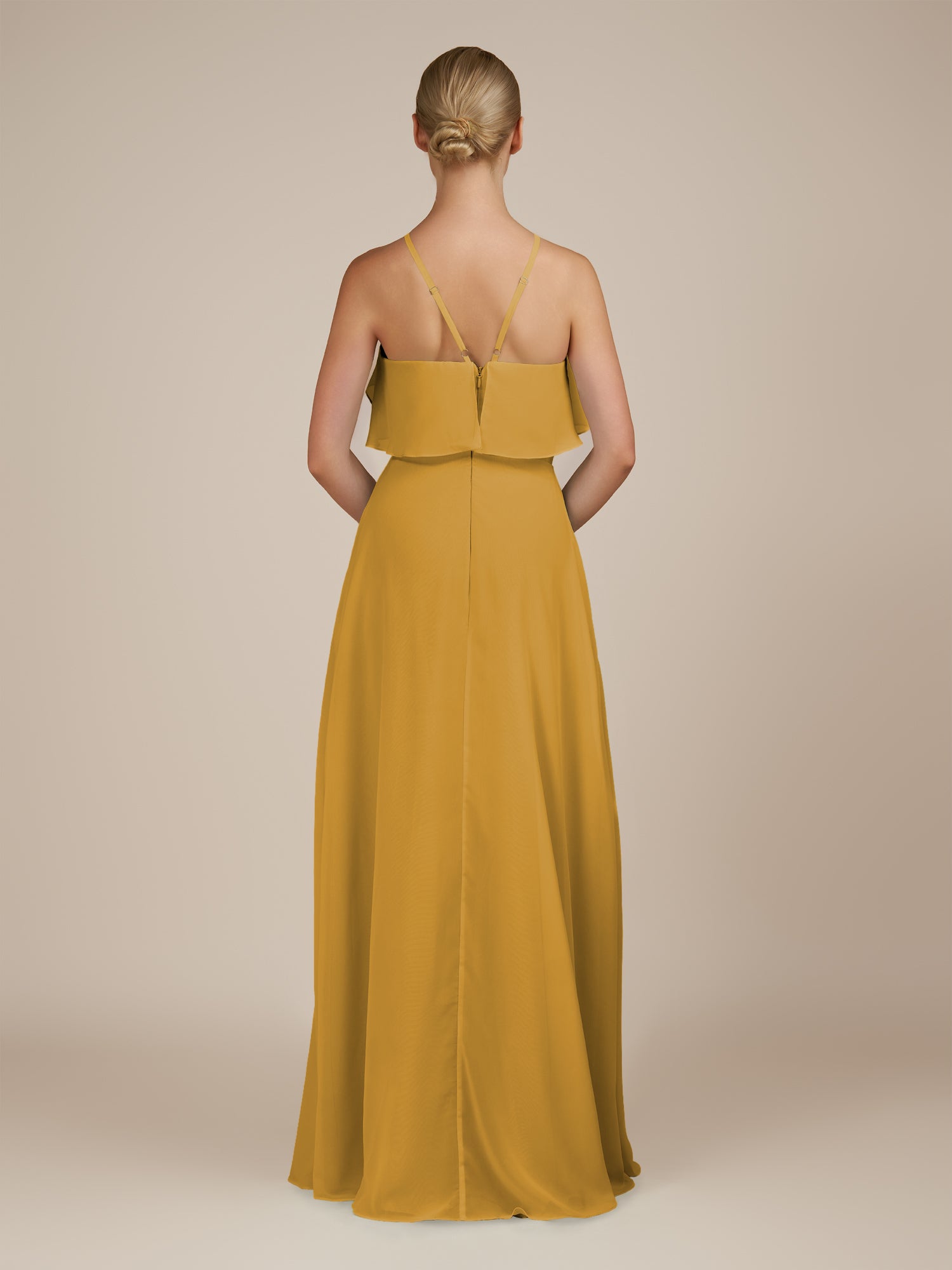 KissDress-Wynne Marigold A Line Chiffon Halter Neck Ruffled Overlay Long Bridesmaid Dress
