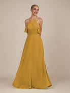 KissDress-Wynne Marigold A Line Chiffon Halter Neck Ruffled Overlay Long Bridesmaid Dress