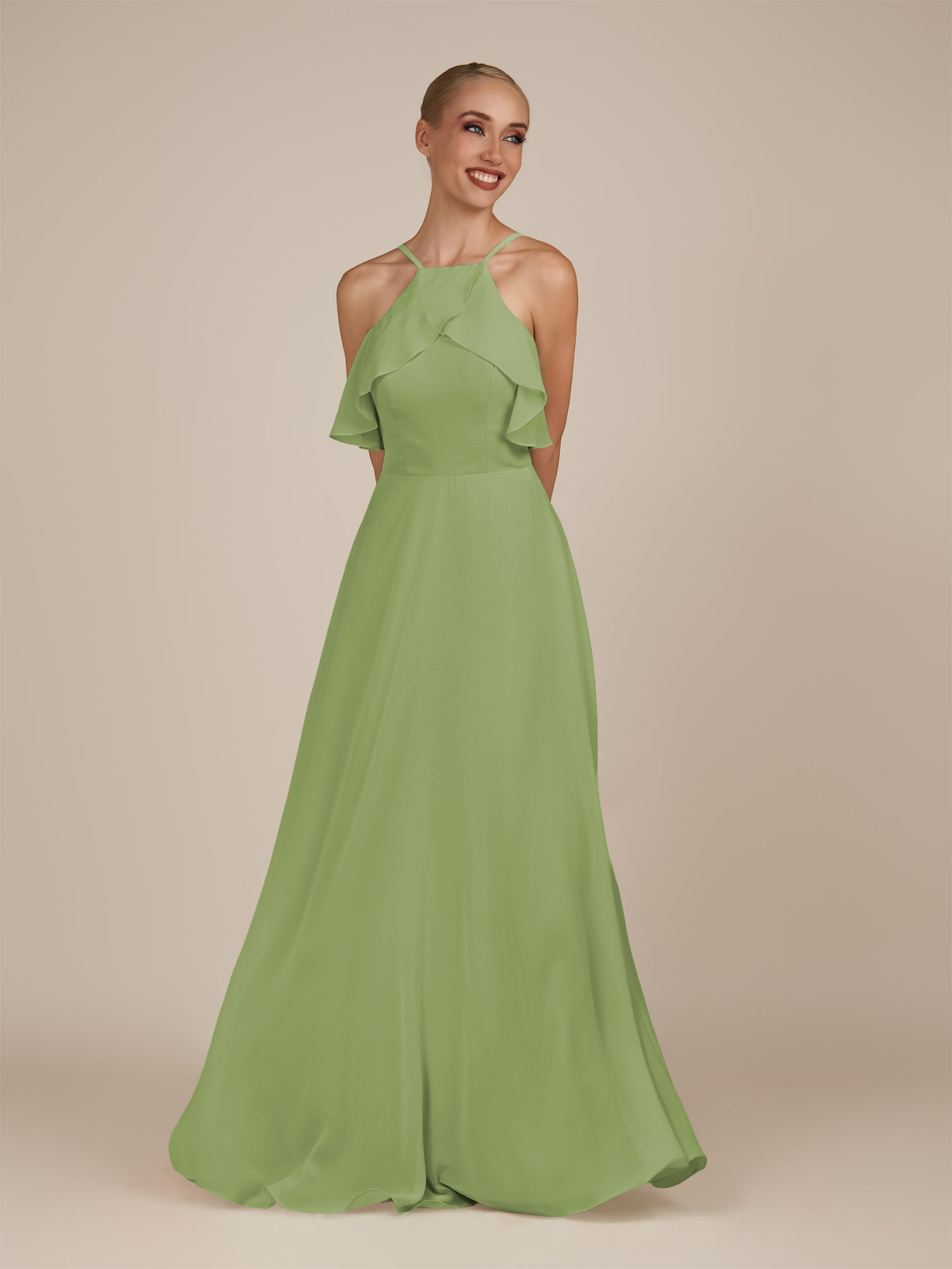 KissDress-Wynne Matcha A Line Chiffon Halter Neck Ruffled Overlay Long Bridesmaid Dress