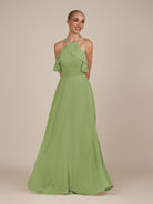 KissDress-Wynne Matcha A Line Chiffon Halter Neck Ruffled Overlay Long Bridesmaid Dress