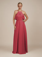 KissDress-Wynne Merlot A Line Chiffon Halter Neck Ruffled Overlay Long Bridesmaid Dress