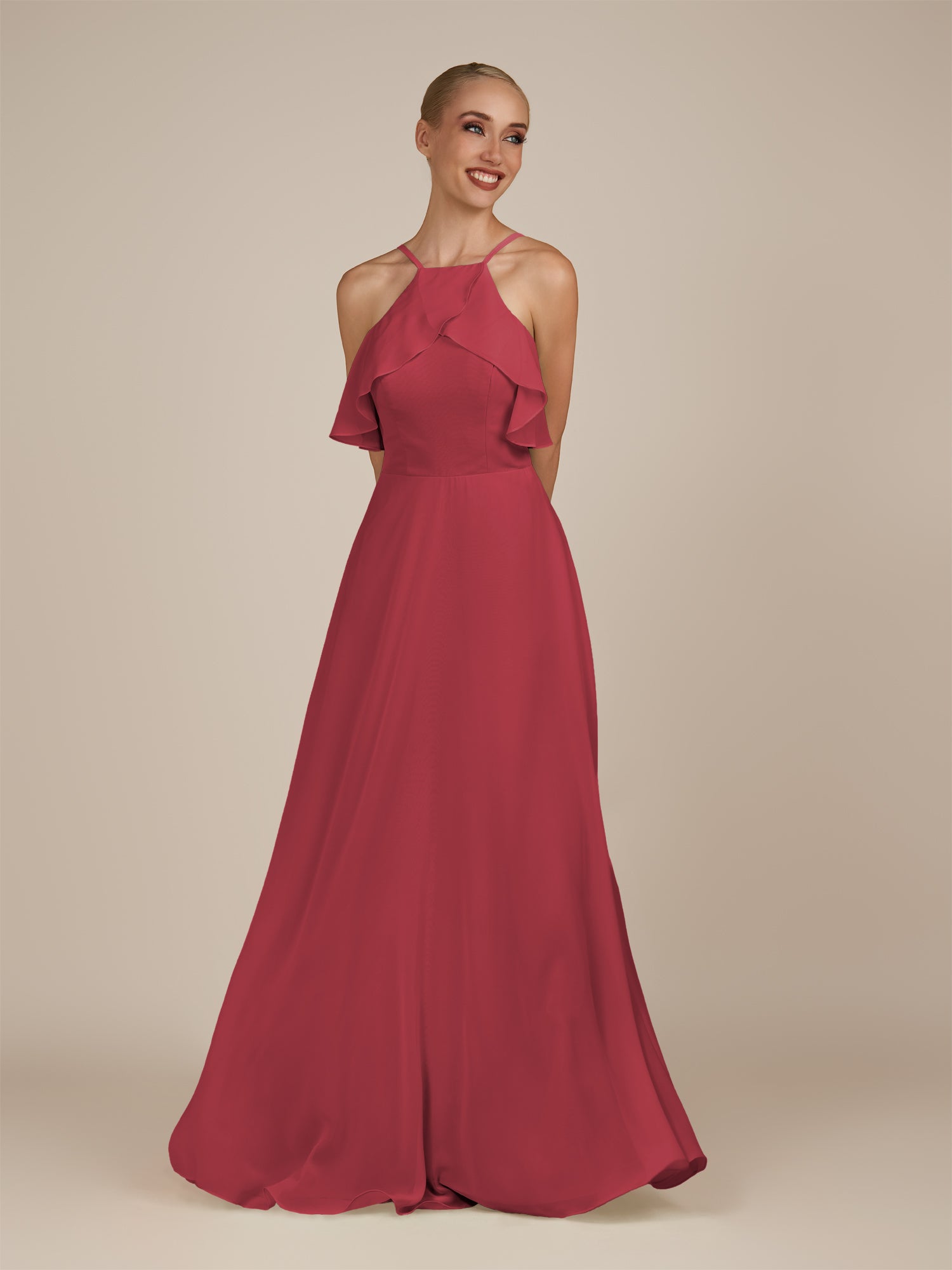 KissDress-Wynne Merlot A Line Chiffon Halter Neck Ruffled Overlay Long Bridesmaid Dress