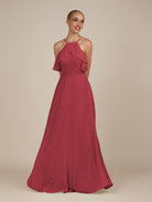 KissDress-Wynne Merlot A Line Chiffon Halter Neck Ruffled Overlay Long Bridesmaid Dress