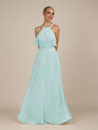 KissDress-Wynne Mist A Line Chiffon Halter Neck Ruffled Overlay Long Bridesmaid Dress