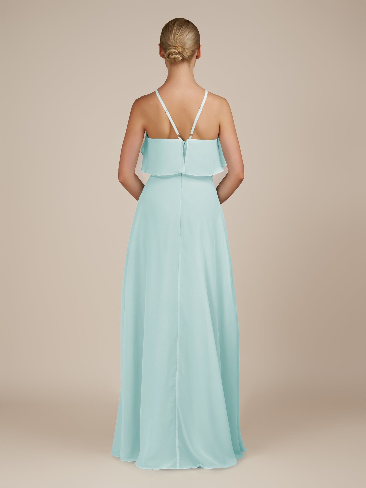 KissDress-Wynne Mist A Line Chiffon Halter Neck Ruffled Overlay Long Bridesmaid Dress