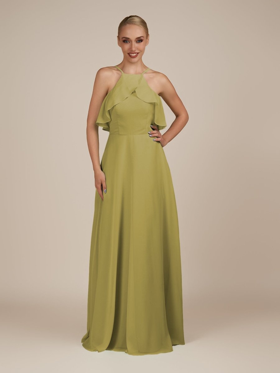 KissDress-Wynne Moss Green A Line Chiffon Halter Neck Ruffled Overlay Long Bridesmaid Dress