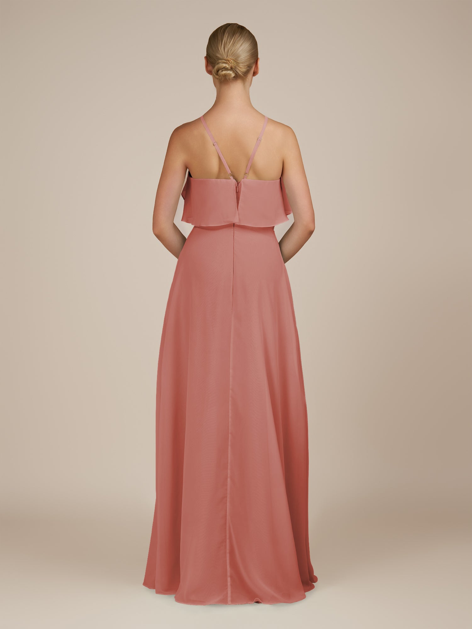 KissDress-Wynne Mulberry A Line Chiffon Halter Neck Ruffled Overlay Long Bridesmaid Dress