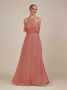 KissDress-Wynne Mulberry A Line Chiffon Halter Neck Ruffled Overlay Long Bridesmaid Dress