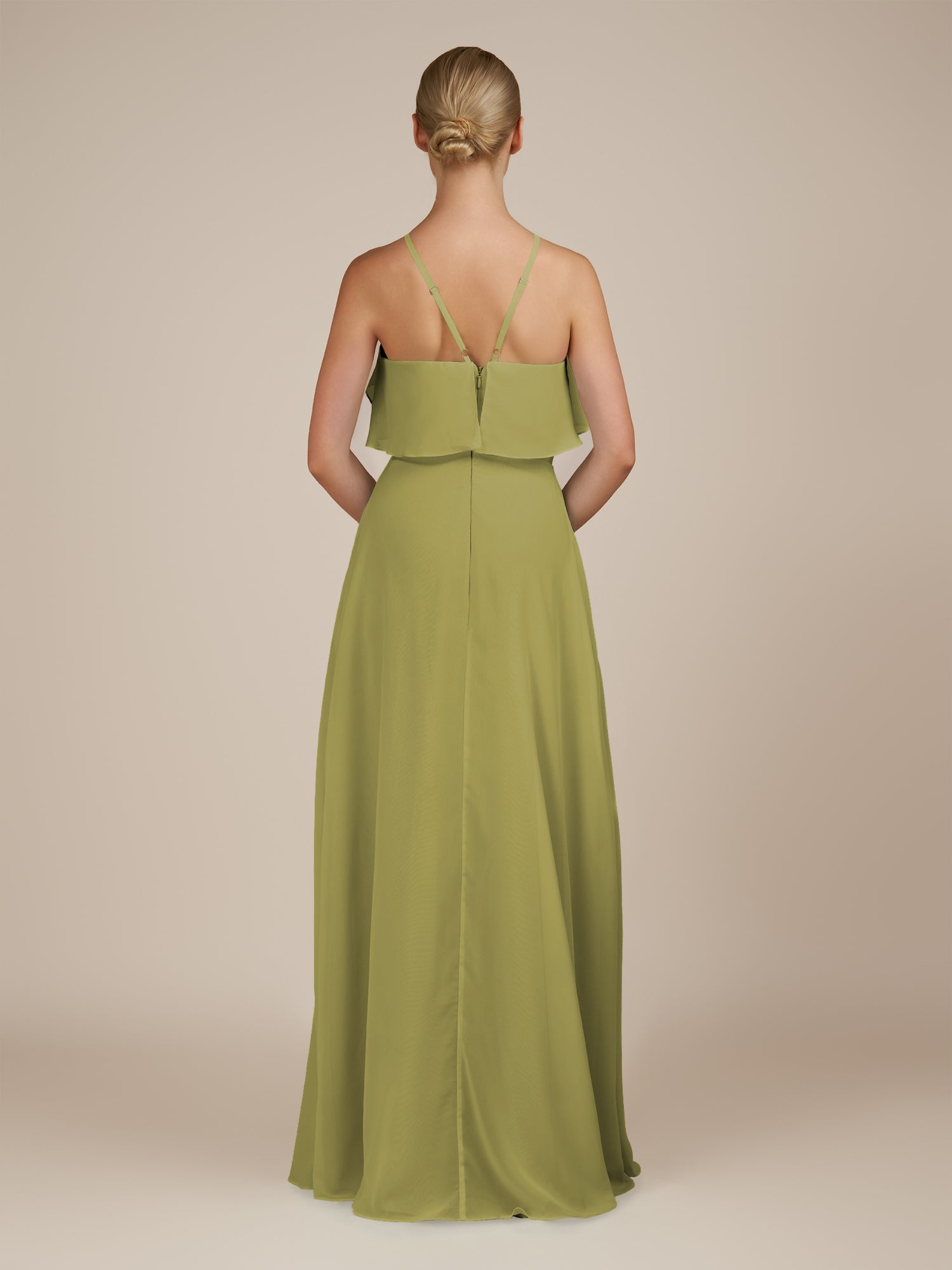 KissDress-Wynne Moss Green A Line Chiffon Halter Neck Ruffled Overlay Long Bridesmaid Dress