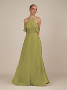 KissDress-Wynne Moss Green A Line Chiffon Halter Neck Ruffled Overlay Long Bridesmaid Dress