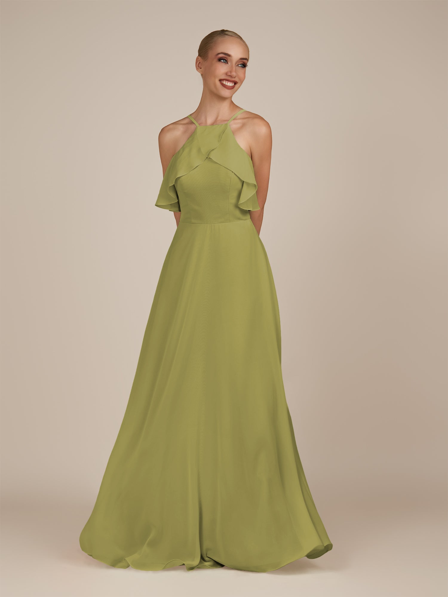 KissDress-Wynne Moss Green A Line Chiffon Halter Neck Ruffled Overlay Long Bridesmaid Dress