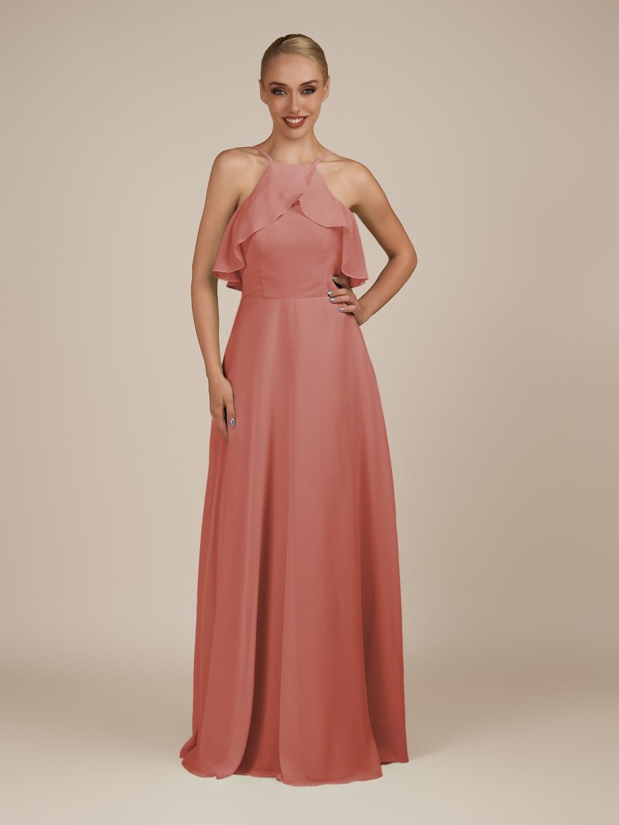 KissDress-Wynne Mulberry A Line Chiffon Halter Neck Ruffled Overlay Long Bridesmaid Dress