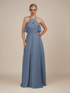 KissDress-Wynne Neptune A Line Chiffon Halter Neck Ruffled Overlay Long Bridesmaid Dress
