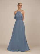 KissDress-Wynne Neptune A Line Chiffon Halter Neck Ruffled Overlay Long Bridesmaid Dress