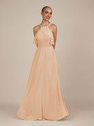 KissDress-Wynne Neutral Champagne A Line Chiffon Halter Neck Ruffled Overlay Long Bridesmaid Dress