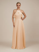 KissDress-Wynne Neutral Champagne A Line Chiffon Halter Neck Ruffled Overlay Long Bridesmaid Dress