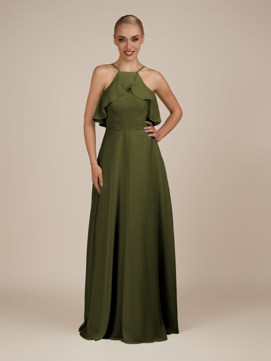 KissDress-Wynne Olive A Line Chiffon Halter Neck Ruffled Overlay Long Bridesmaid Dress