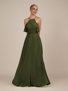 KissDress-Wynne Olive A Line Chiffon Halter Neck Ruffled Overlay Long Bridesmaid Dress