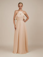 KissDress-Wynne Pale Blush A Line Chiffon Halter Neck Ruffled Overlay Long Bridesmaid Dress
