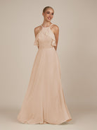 KissDress-Wynne Pale Blush A Line Chiffon Halter Neck Ruffled Overlay Long Bridesmaid Dress