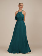 KissDress-Wynne Pine A Line Chiffon Halter Neck Ruffled Overlay Long Bridesmaid Dress