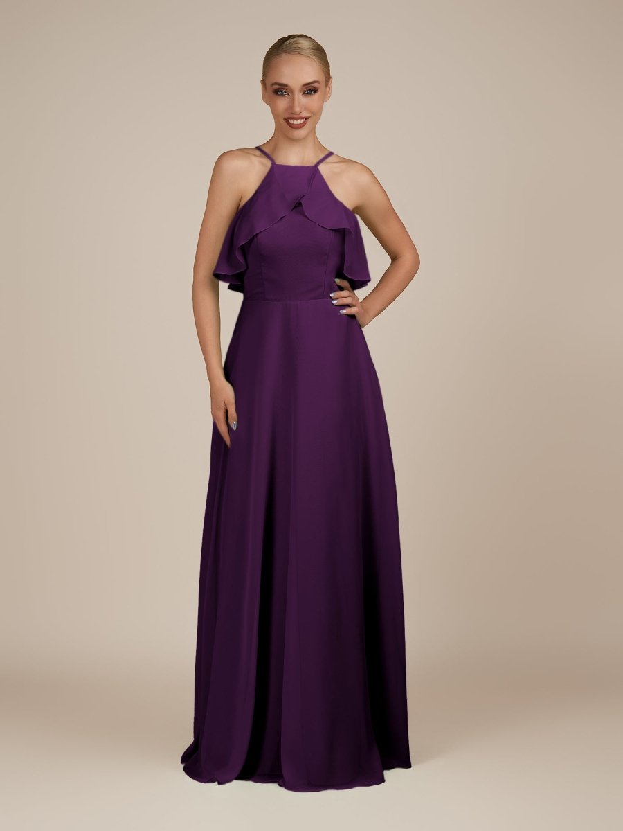 KissDress-Wynne Plum A Line Chiffon Halter Neck Ruffled Overlay Long Bridesmaid Dress