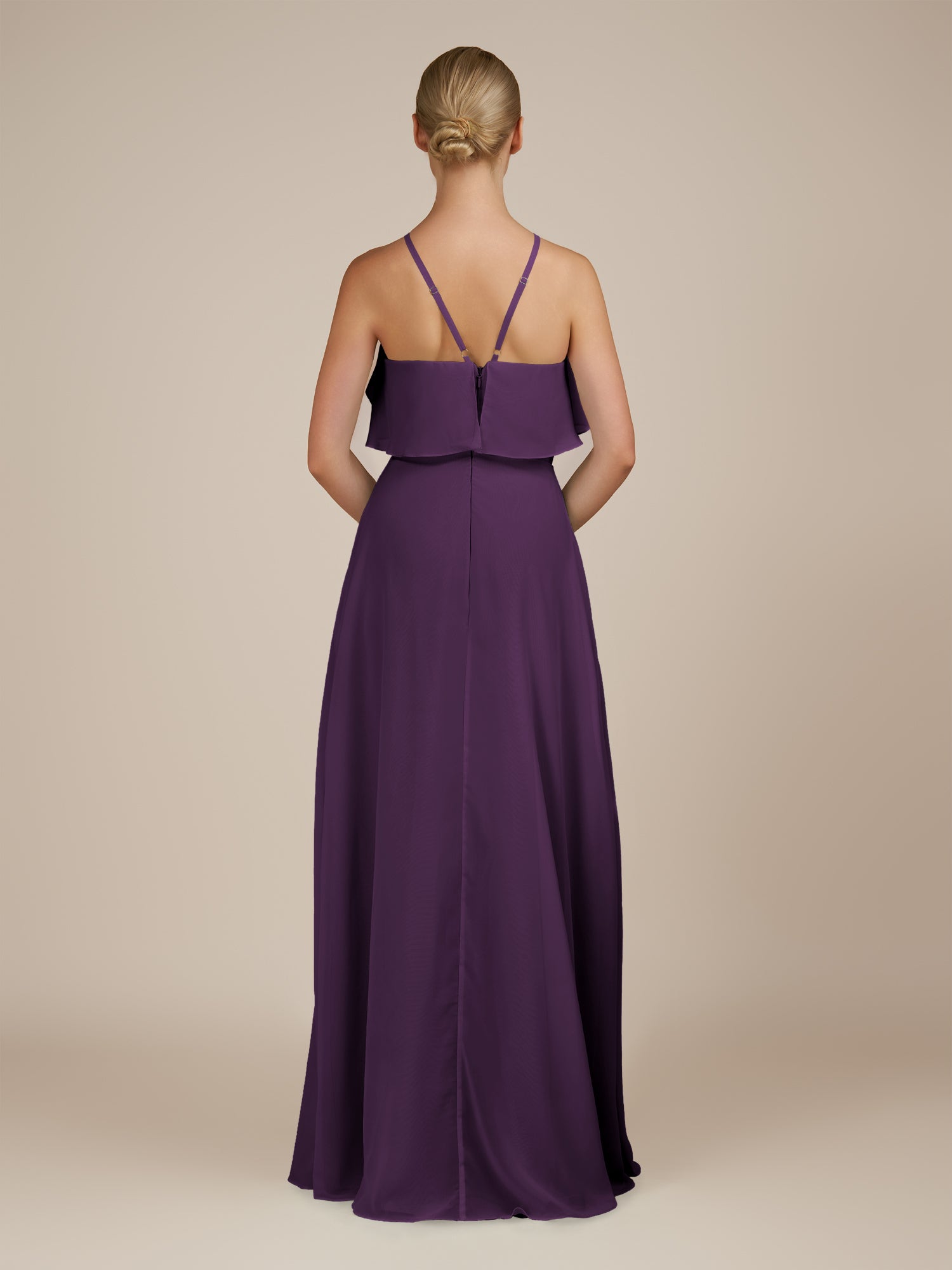 KissDress-Wynne Plum A Line Chiffon Halter Neck Ruffled Overlay Long Bridesmaid Dress