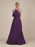 KissDress-Wynne Plum A Line Chiffon Halter Neck Ruffled Overlay Long Bridesmaid Dress