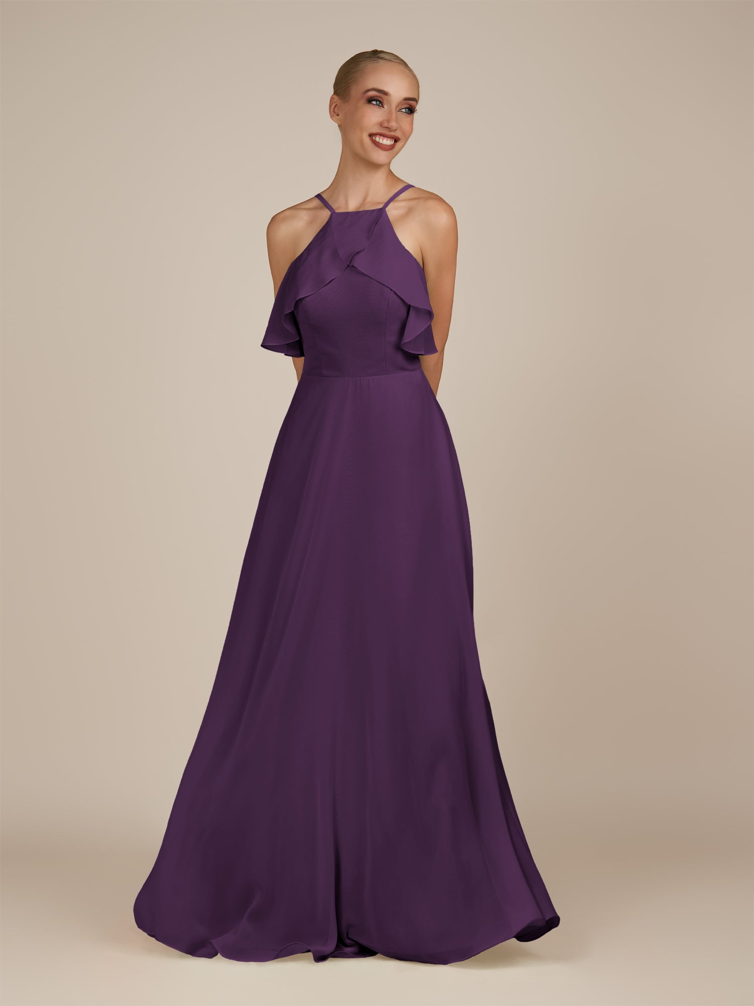 KissDress-Wynne Plum A Line Chiffon Halter Neck Ruffled Overlay Long Bridesmaid Dress
