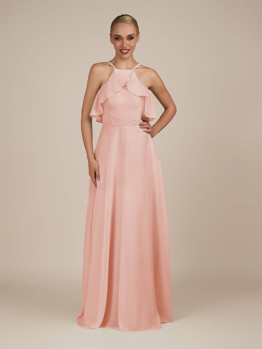 KissDress-Wynne Rose Petal A Line Chiffon Halter Neck Ruffled Overlay Long Bridesmaid Dress