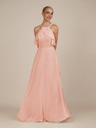 KissDress-Wynne Rose Petal A Line Chiffon Halter Neck Ruffled Overlay Long Bridesmaid Dress