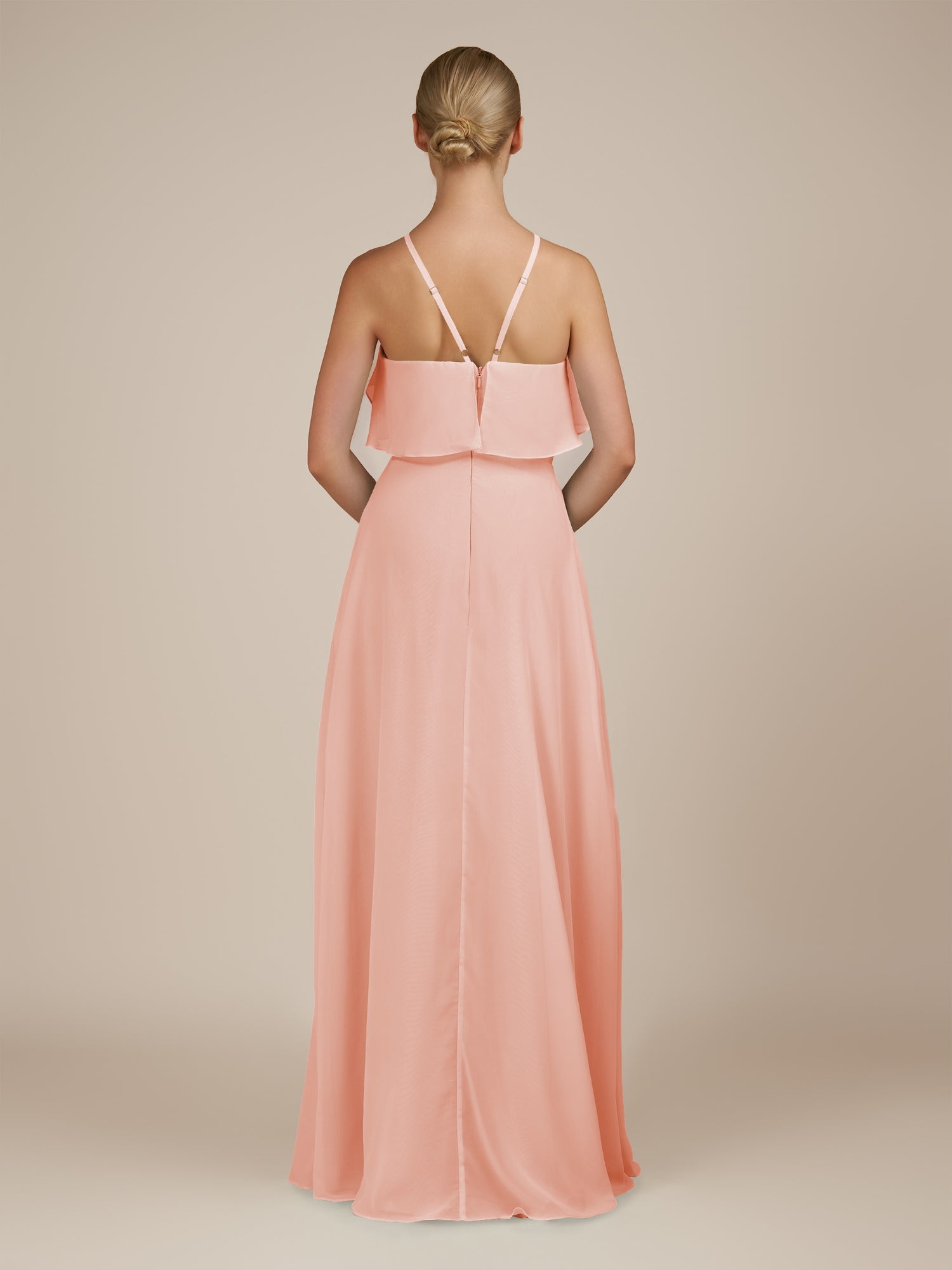 KissDress-Wynne Rose Petal A Line Chiffon Halter Neck Ruffled Overlay Long Bridesmaid Dress