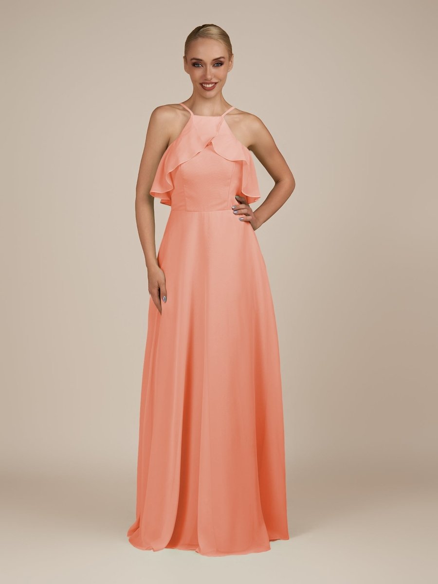 KissDress-Wynne Rosette A Line Chiffon Halter Neck Ruffled Overlay Long Bridesmaid Dress