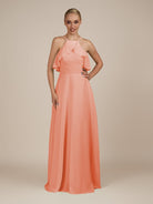 KissDress-Wynne Rosette A Line Chiffon Halter Neck Ruffled Overlay Long Bridesmaid Dress