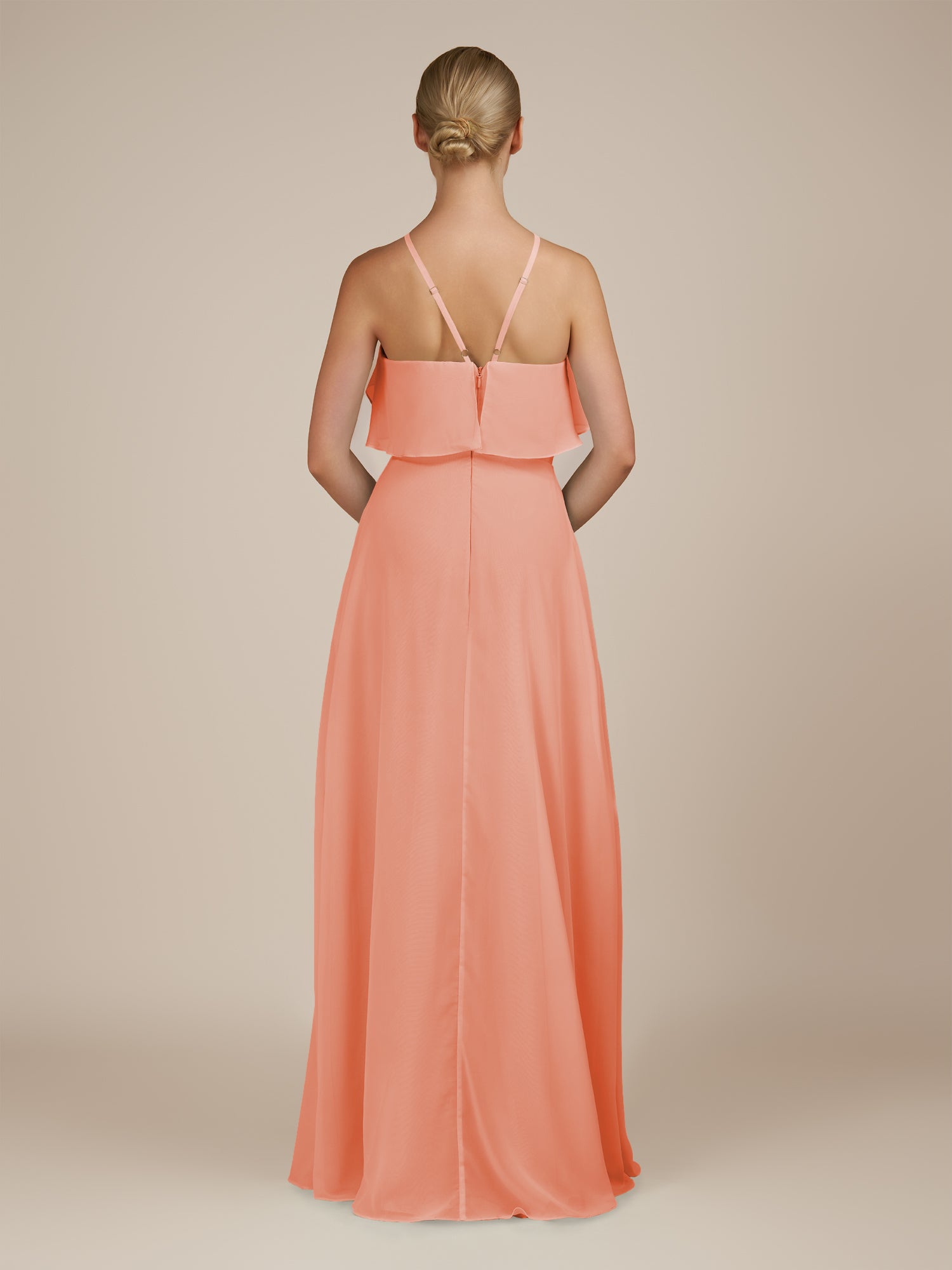 KissDress-Wynne Rosette A Line Chiffon Halter Neck Ruffled Overlay Long Bridesmaid Dress