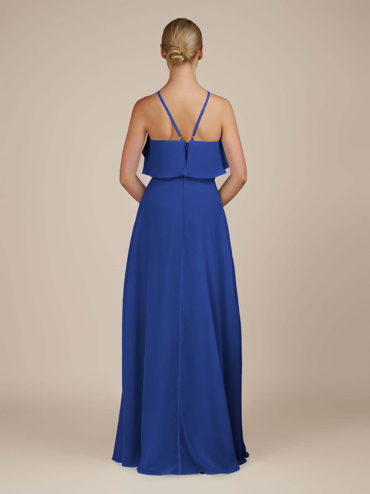 KissDress-Wynne Royal Blue A Line Chiffon Halter Neck Ruffled Overlay Long Bridesmaid Dress
