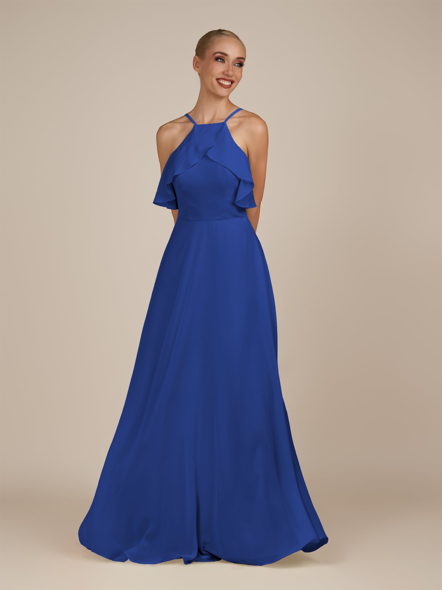 KissDress-Wynne Royal Blue A Line Chiffon Halter Neck Ruffled Overlay Long Bridesmaid Dress