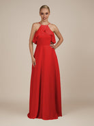 KissDress-Wynne Ruby Red A Line Chiffon Halter Neck Ruffled Overlay Long Bridesmaid Dress