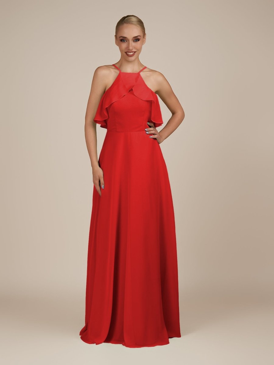 KissDress-Wynne Ruby Red A Line Chiffon Halter Neck Ruffled Overlay Long Bridesmaid Dress